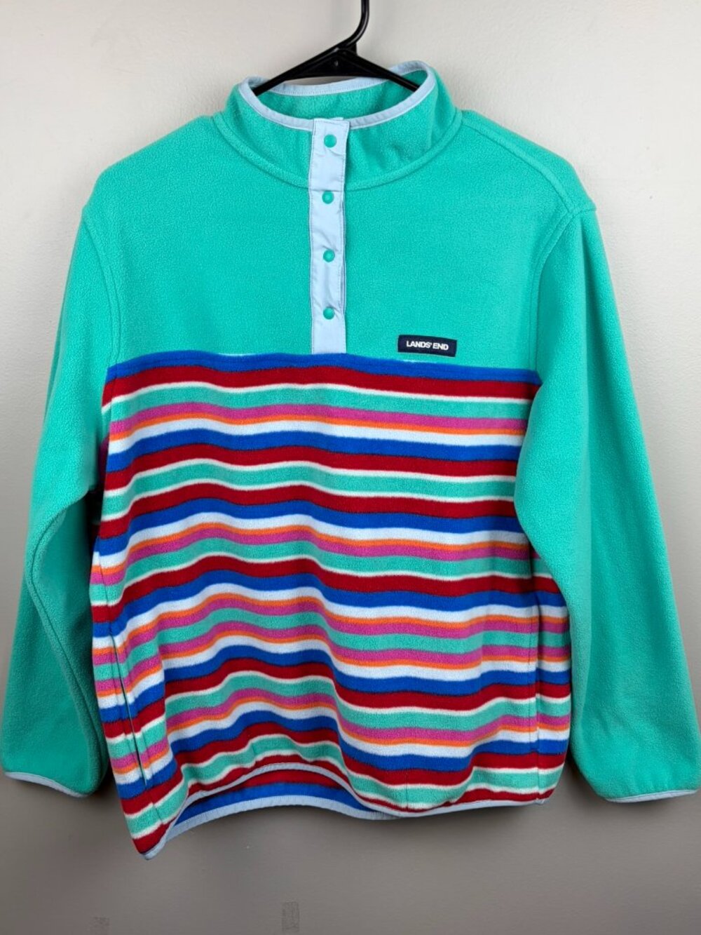 Lands' End Heritage Fleece Snap-Neck Pullover Teal With Stripes Size Large 14-16